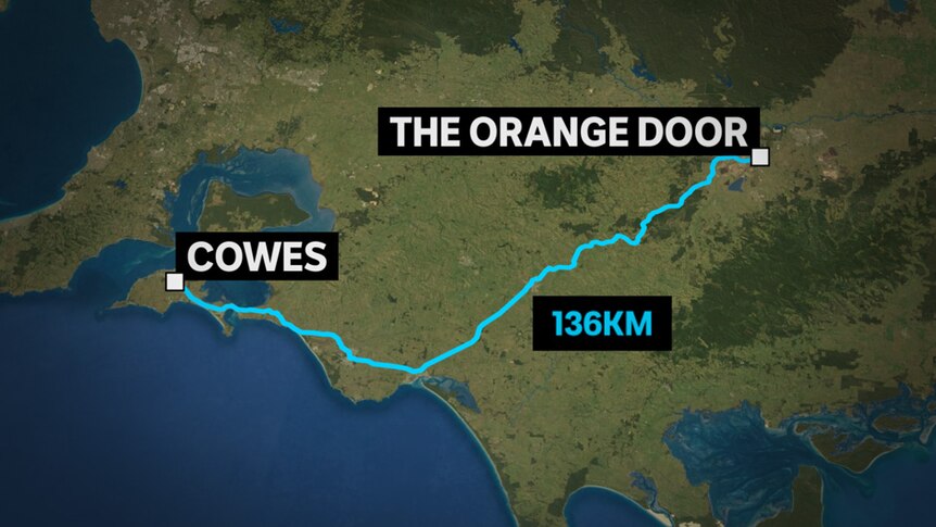 A map showing Cowes and The Orange Door service in Morwell.