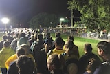 A long line of people waiting for buses after the Commonwealth Games opening ceremony shortly after midnight on April 5, 2018.