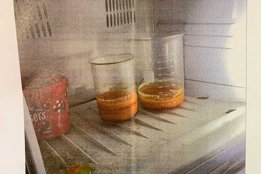 Two beakers filled with an orange chemical sitting on a shelf