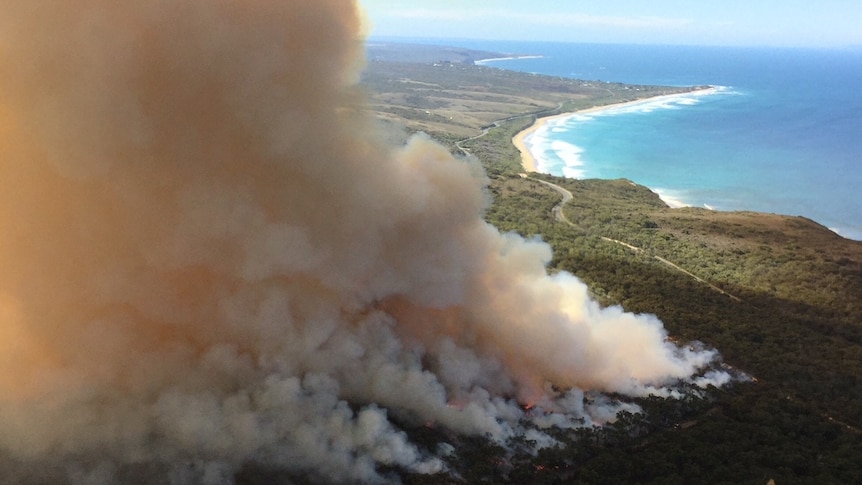 An aerial photograph of a huge plume of smoke rising from bushland along the coastline.