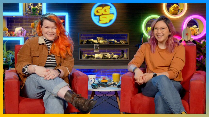 Gem and Rad in the red chairs in the GGSP den of gaming
