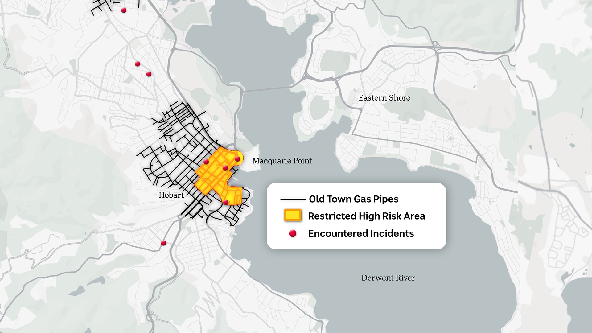 Map of the approximate location of gas pipes in Hobart.