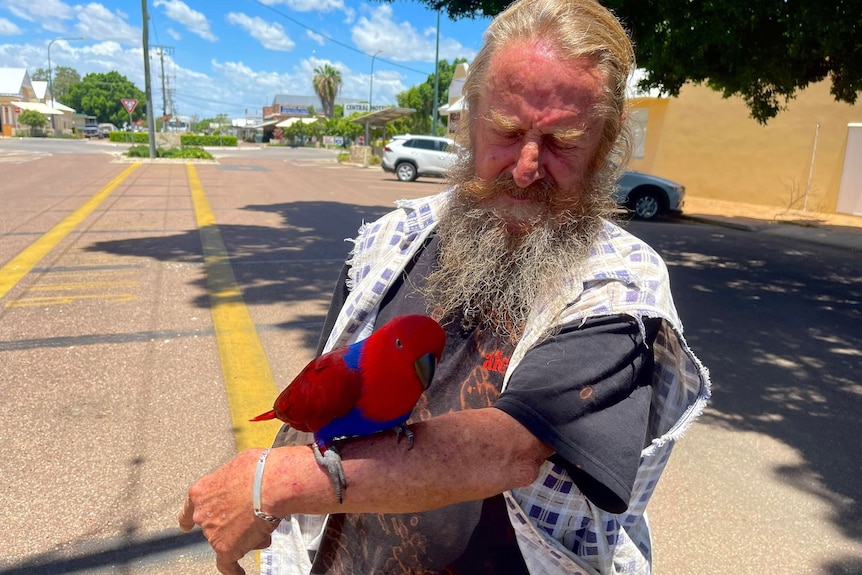 Man standing with parrot sitting on his arm