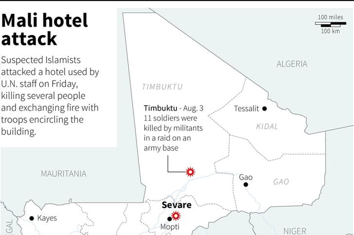 Map locating Sevare, Mali where a hotel used by UN staff was attacked by suspected Islamists on Friday, killing several people