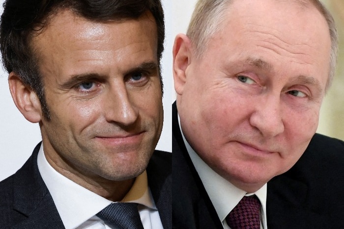 A composite image of French President Emmanuel Macron and Russian President Vladimir Putin.  