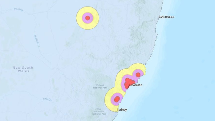 map with red in Newcastle and Narrabri