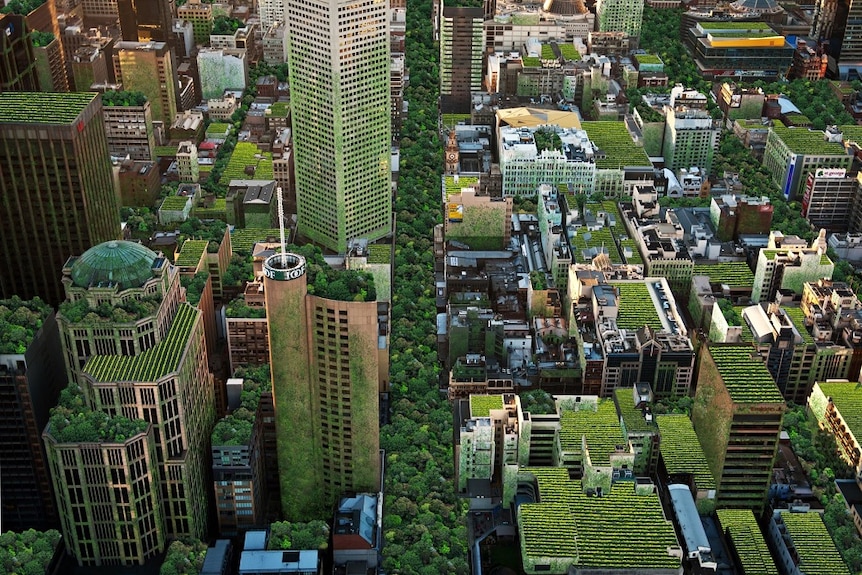 Artist's impression of city buildings with rooftop gardens.