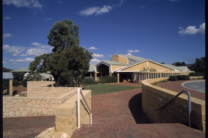 A university campus on bright, sunny day.