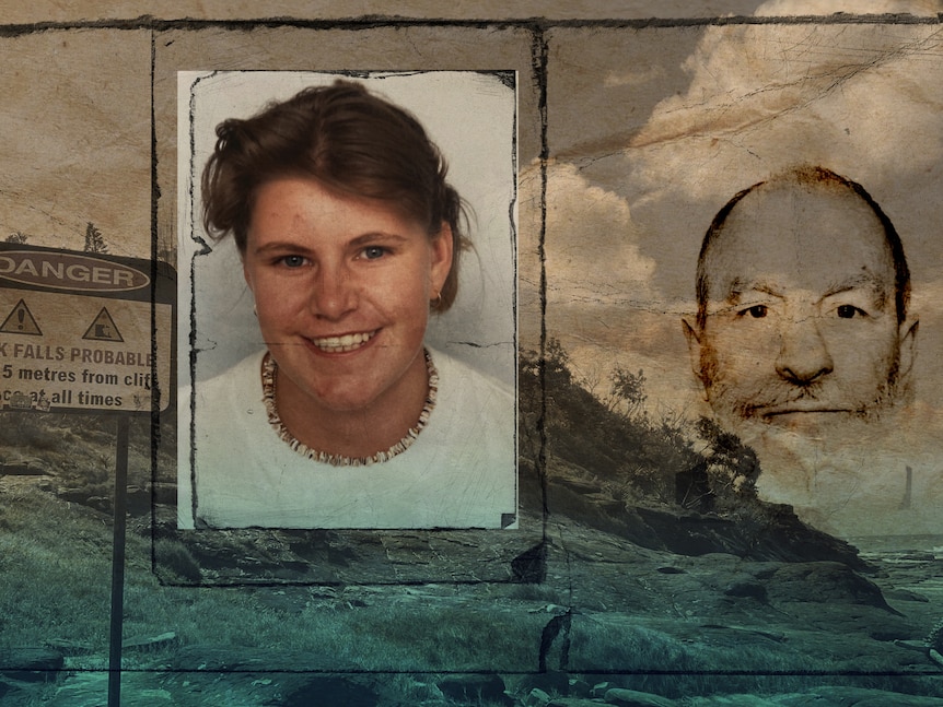 A graphic showing a woman's face over the cliffs of Point Cartwright.