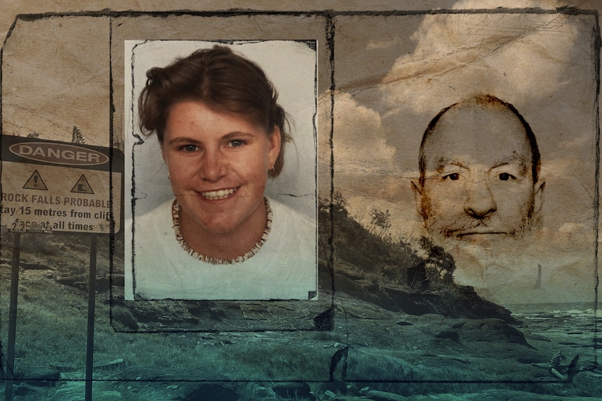 A graphic showing a woman's face over the cliffs of Point Cartwright.