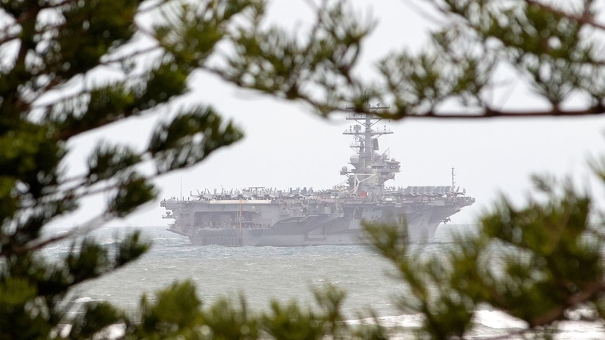 A US aircraft carrier passes Bulcock Beach.