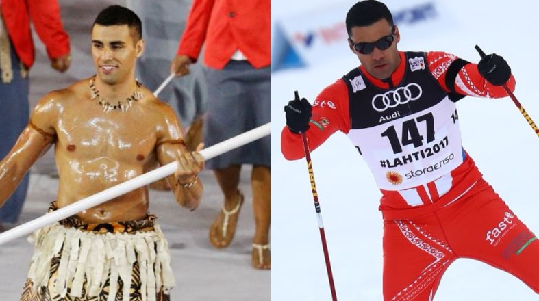 Composite image of Pita Taufatofua wearing traditional Tongan dress on the left, and skiing on the right.