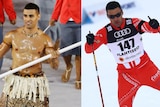 Composite image of Pita Taufatofua wearing traditional Tongan dress on the left, and skiing on the right.