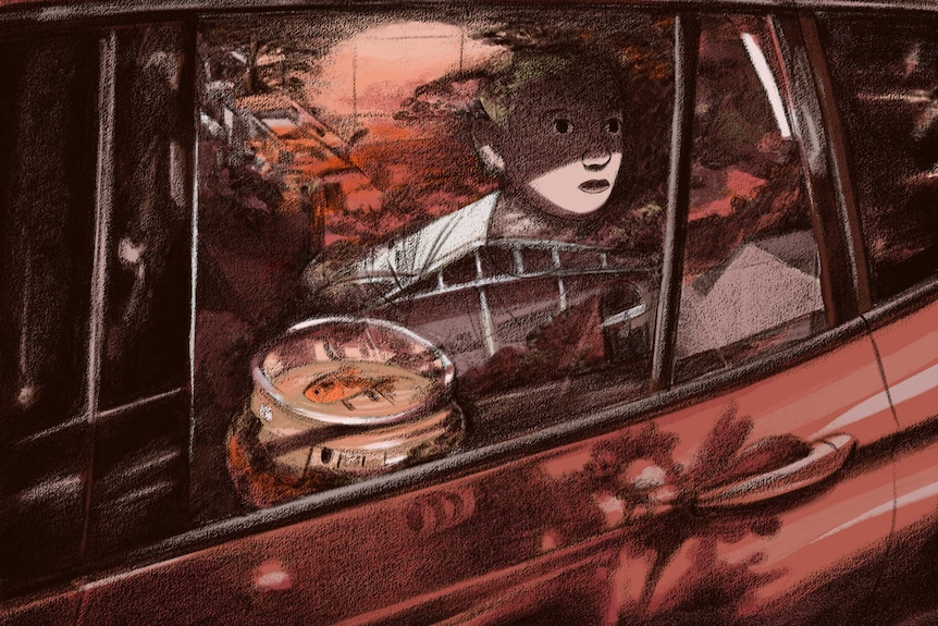 A girl looks out the window of a car clutching a round goldfish bowl.