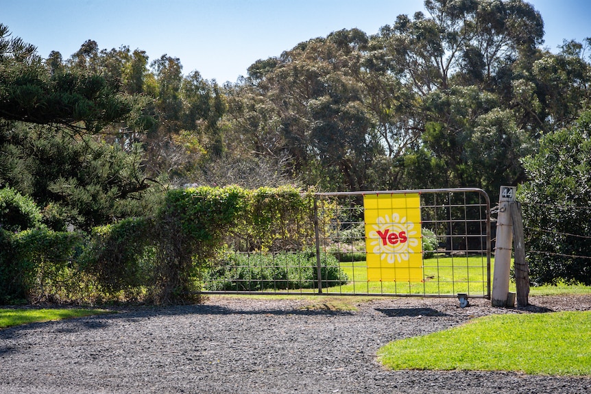 A gate to property with a lot of trees with a Yes sign on it