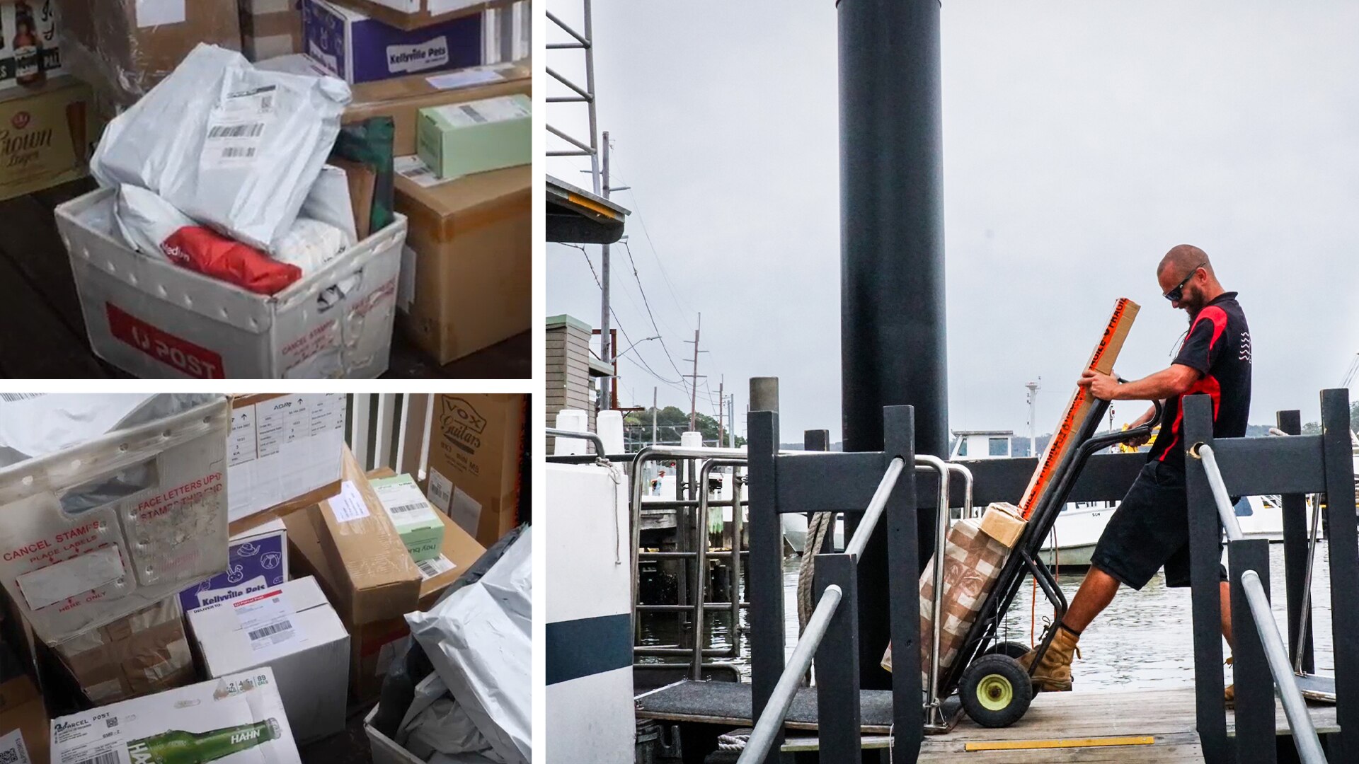 A composite image of parcels, boxes and a man with a trolley.