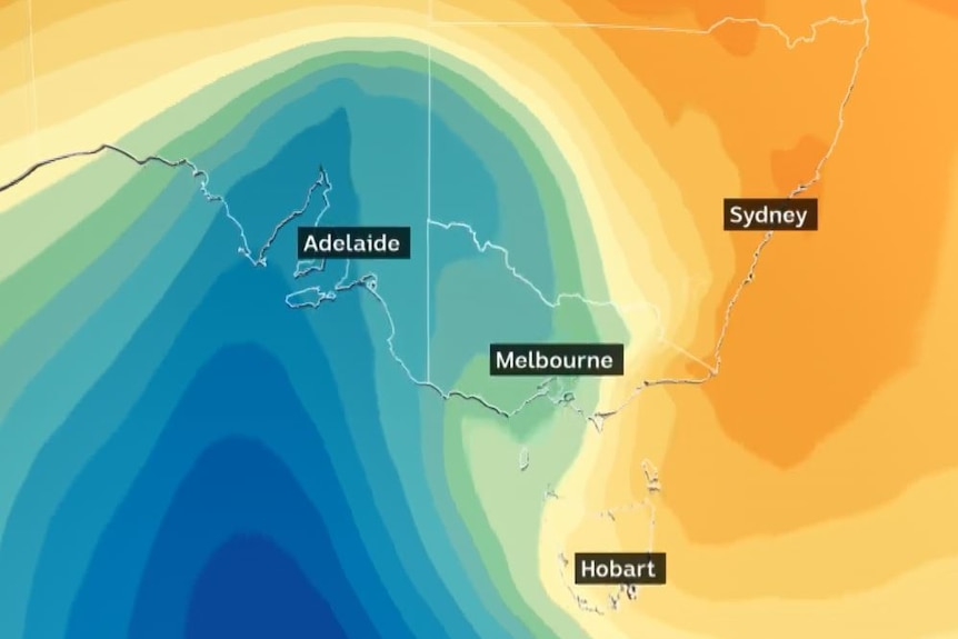 Forecast chart showing blue over Great Australian Bight and SA, polar air mass heading for country's south-east