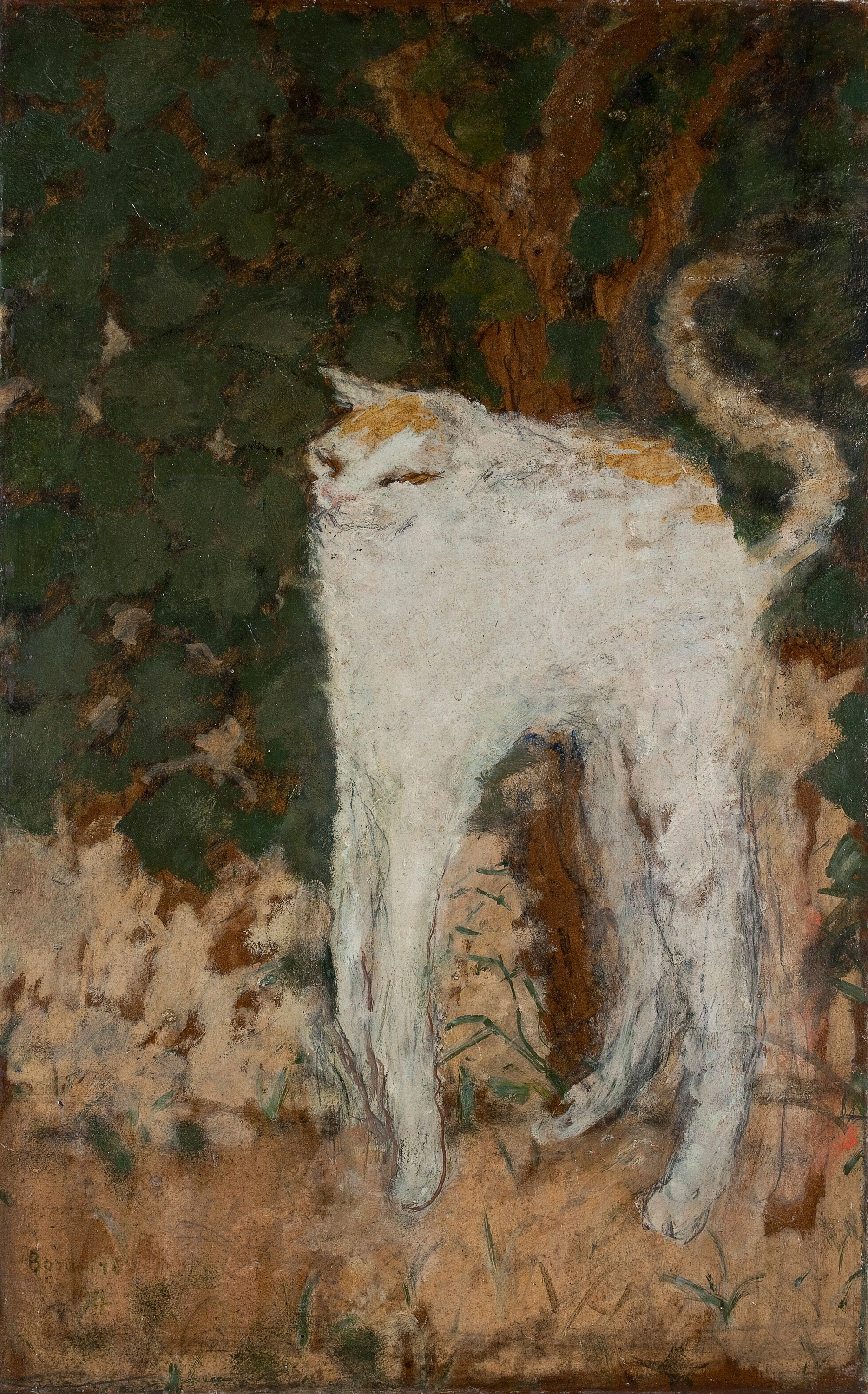 An oil painting of a white cat with very, very long legs, in a forest setting.