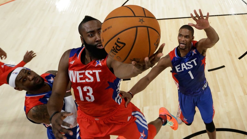 The West's James Harden goes for a basket in the NBA All-Star game