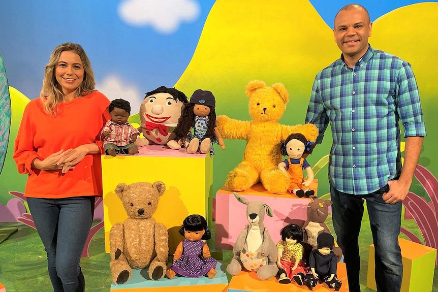 Rachael and Luke on the Play School set with the Play School toys