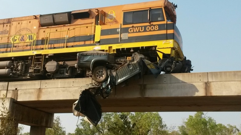 The 4WD wedged under the freight train after the collision in Katherine.