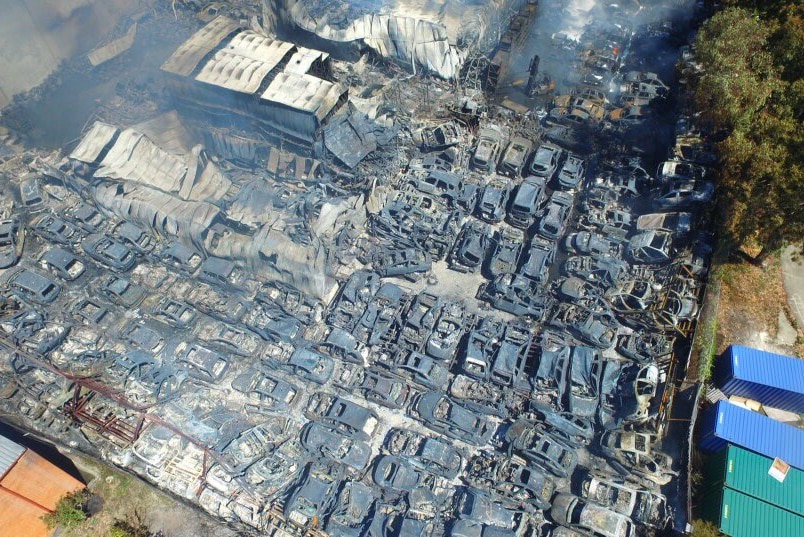 Drone shot of the burnt out car yard at Revesby in western Sydney