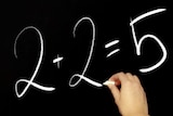 A blackboard with the equation '2 + 2 = 5'