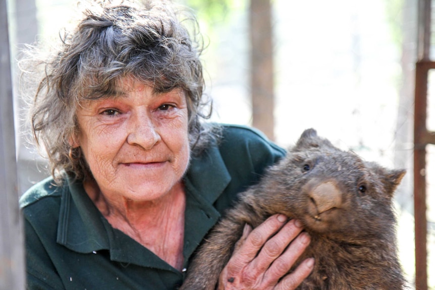 A woman holds a wombat