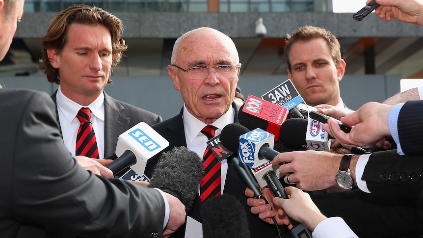 Essendon coach James Hird and club chairman Paul Little speak to the media at the Federal Court.