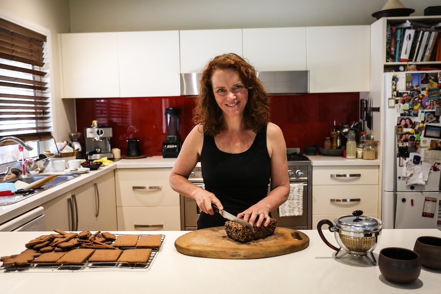 Ex-flight attendant Sarah Hines at home in Wheatsheaf in the kitchen.