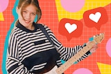 Monique Schafter as a kid in the '90s, with '90s-style graphics in the background and Instagram love hearts.