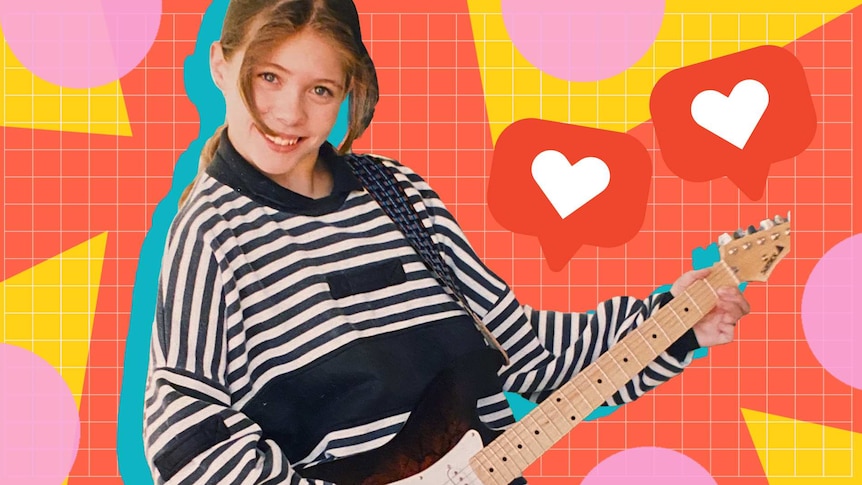 Monique Schafter as a kid in the '90s, with '90s-style graphics in the background and Instagram love hearts.
