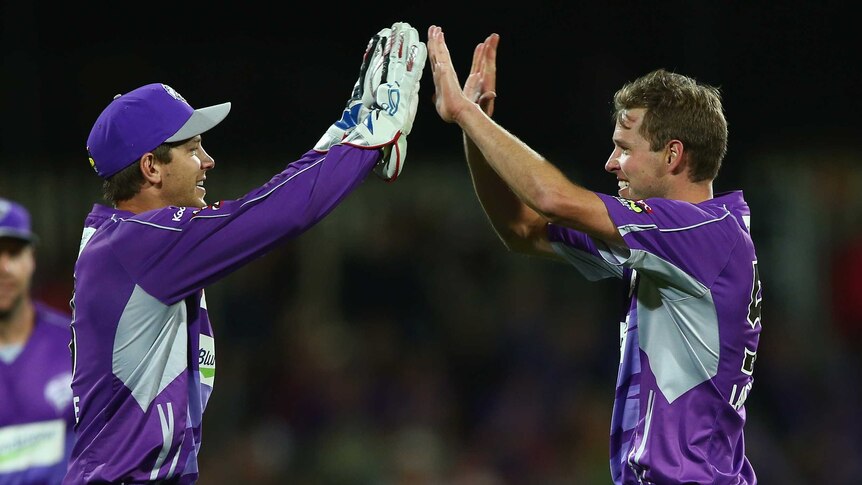 Ben Laughlin, Tim Paine celebrate a Hobart Hurricanes wicket