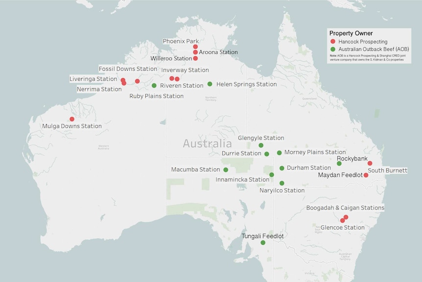a map of Australia showing the locations of Hancock Prospecting's cattle stations