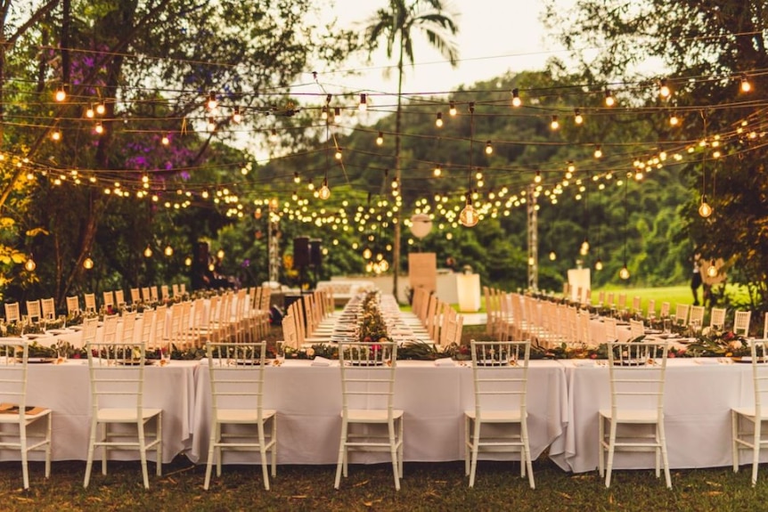 Outdoor wedding table setting under fairy lights with palm trees in background.