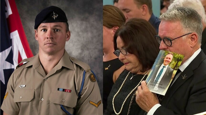 A composite of a man in a military uniform, and a close up of older man and woman sitting in a church.
