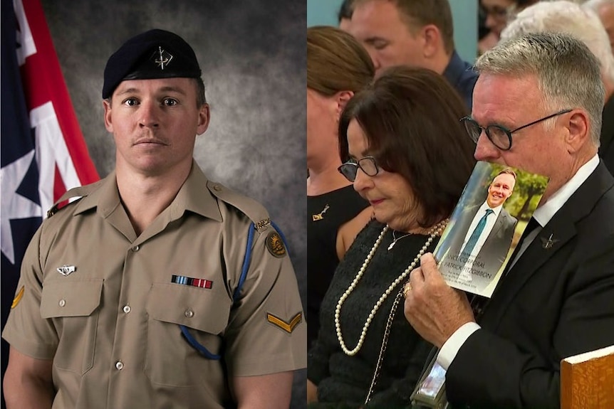 A composite of a man in a military uniform, and a close up of older man and woman sitting in a church.