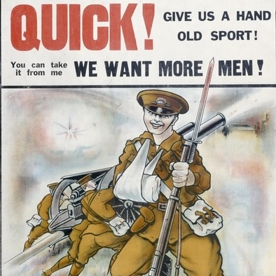 A poster showing a soldier with a rifle and a bandaged arm
