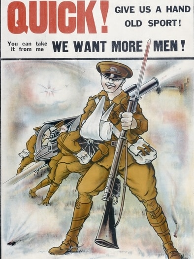 A poster showing a soldier with a rifle and a bandaged arm