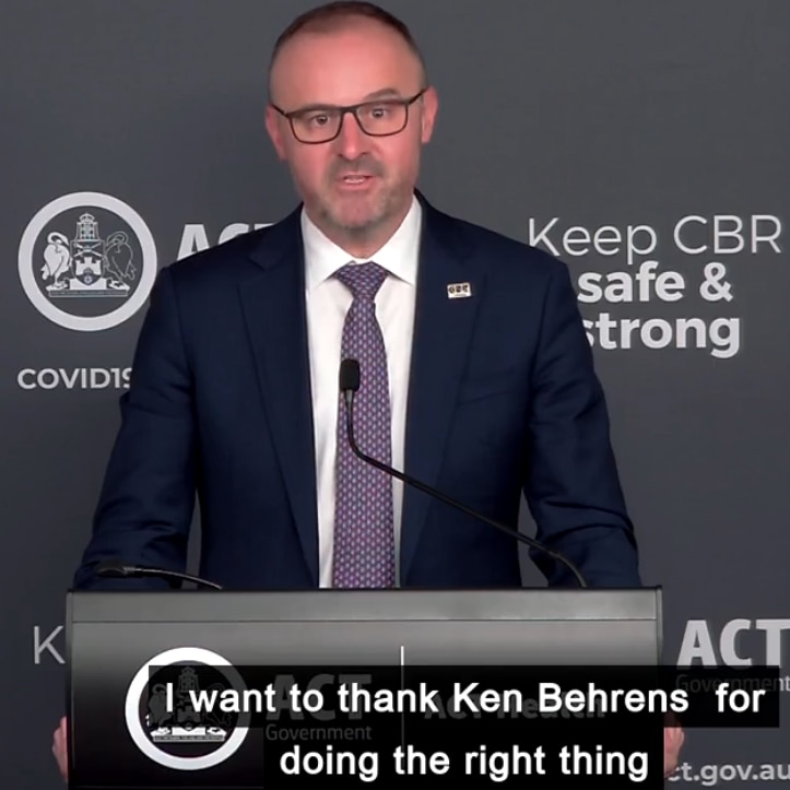 Captioning on a video of a bald man wearing glasses saying 'I would like to thank Ken Behrens for doing the right thing'