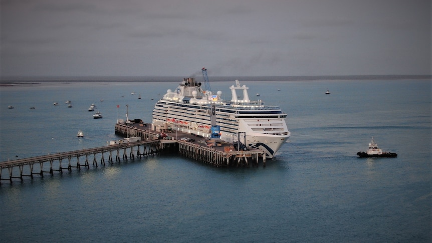 A cruise ship docking at a port.