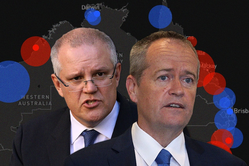The leaders faces sit on a map showing areas they have travelled in the election campaign