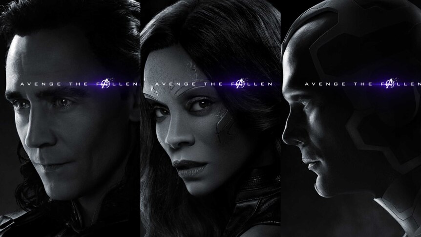 Greyscale posters of Loki, Gamora and Vision with the words 'avenge the fallen'.