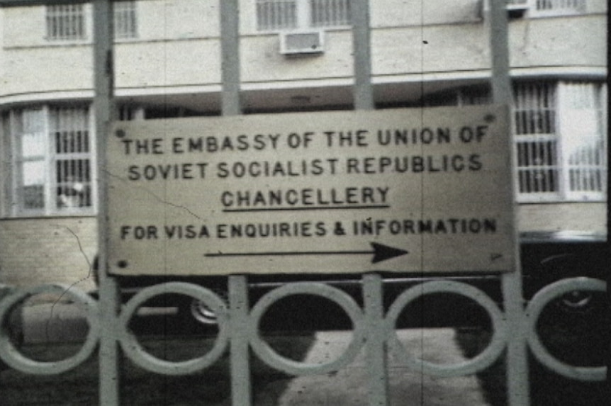 A sign for the Embassy of the Union of Soviet Socialist Republics Chancellery