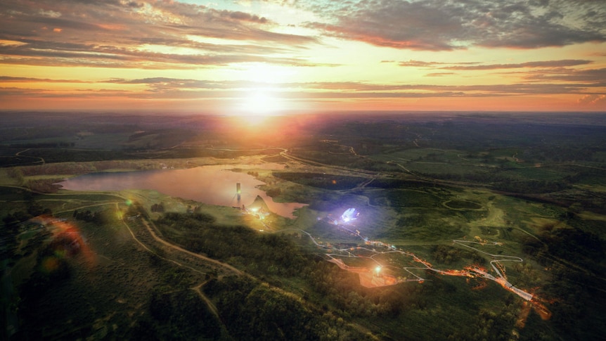An artist's impression from an aerial view of the Eden Project's plan showing a large lake at sunset.