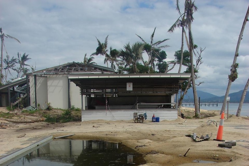 Cyclone-damaged pool and building on Dunk Island in May, 2011.