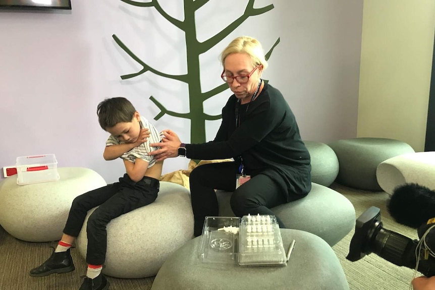 Samuel Hill is tested for allergies as part of a study at Melbourne's Royal Children's Hospital.