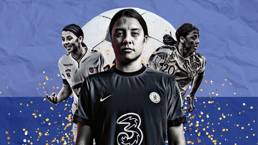 Digital image of a female soccer player surrounded by blue, white and yellow 
