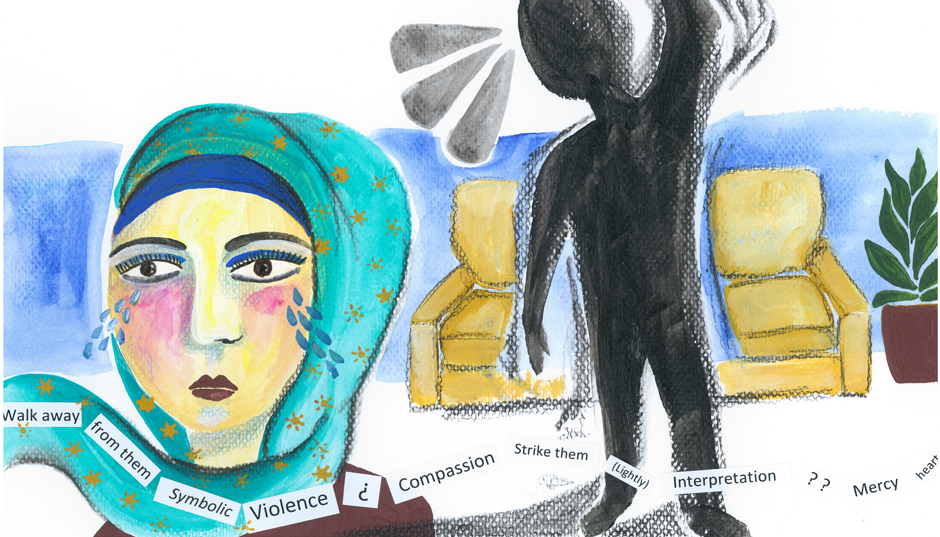 An illustration shows a man yelling at a Muslim woman, who is crying.