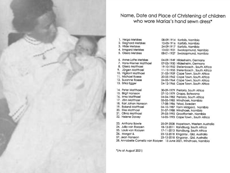 A photo on left of lady holding baby and on right list of names and dates